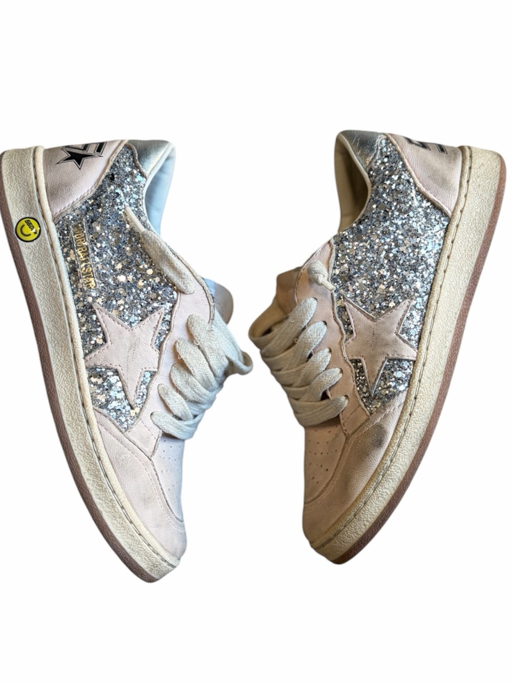 Golden Goose Glitter Upper Napa Toe Star and Spur Silver Light Pink Size 34